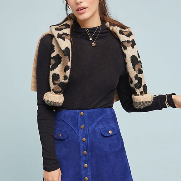 Anthropologie Suede MINI Skirt Lined w/Pockets 14 Real Leather Button-Front Blue - Picture 4 of 7